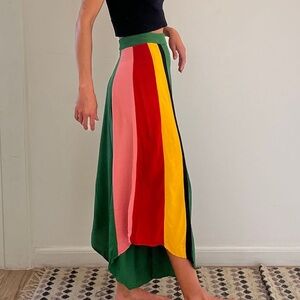 Farm Rio Boho Reggae Festival Striped Green Pink Asymmetrical Cropped Pants G/L